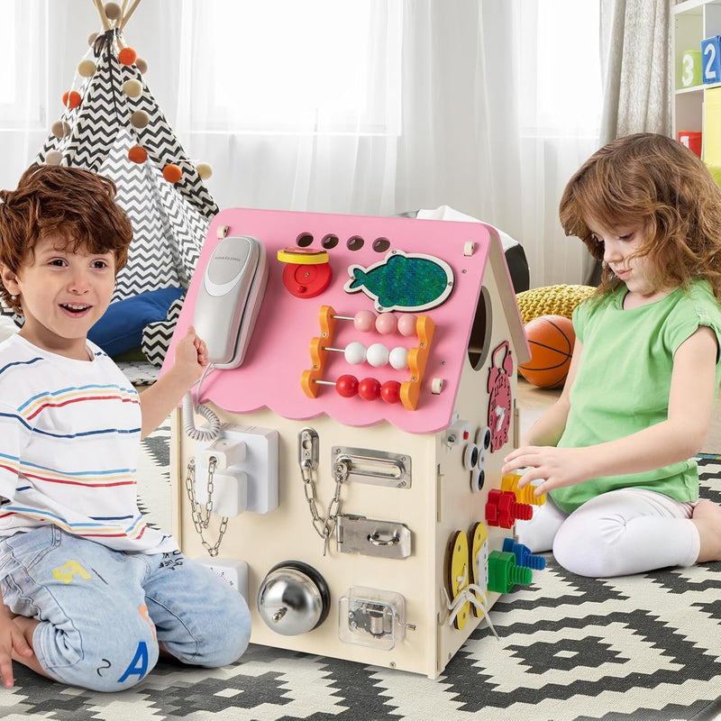 COSTWAY Kinder Spielhaus aus Holz, pädagogisches Spielzeughaus mit Sinnesspielen und Stauraum, senso