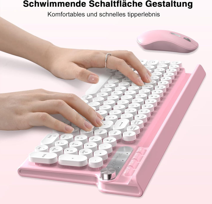 Maus und Tastatur,RaceGT Tastatur Kabellos Schreibmaschine Tastatur Rosa Funktastatur mit Maus Retro