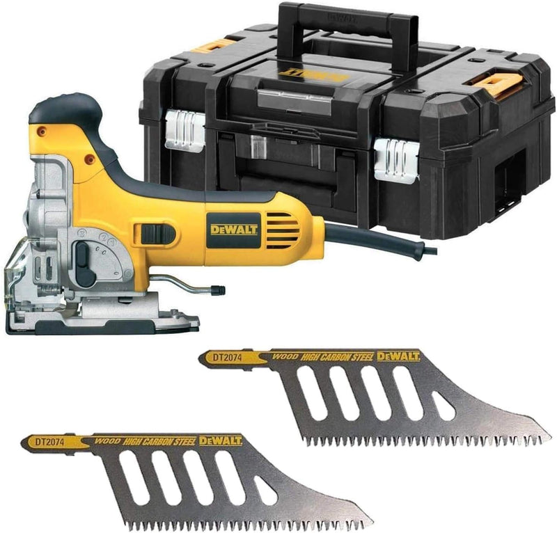 DeWALT Pendelhub-Stichsäge DW333K 701W, 26mm Hublänge -Set inkl. 2 x HCS Bündigschnitt-Sägeblätter D