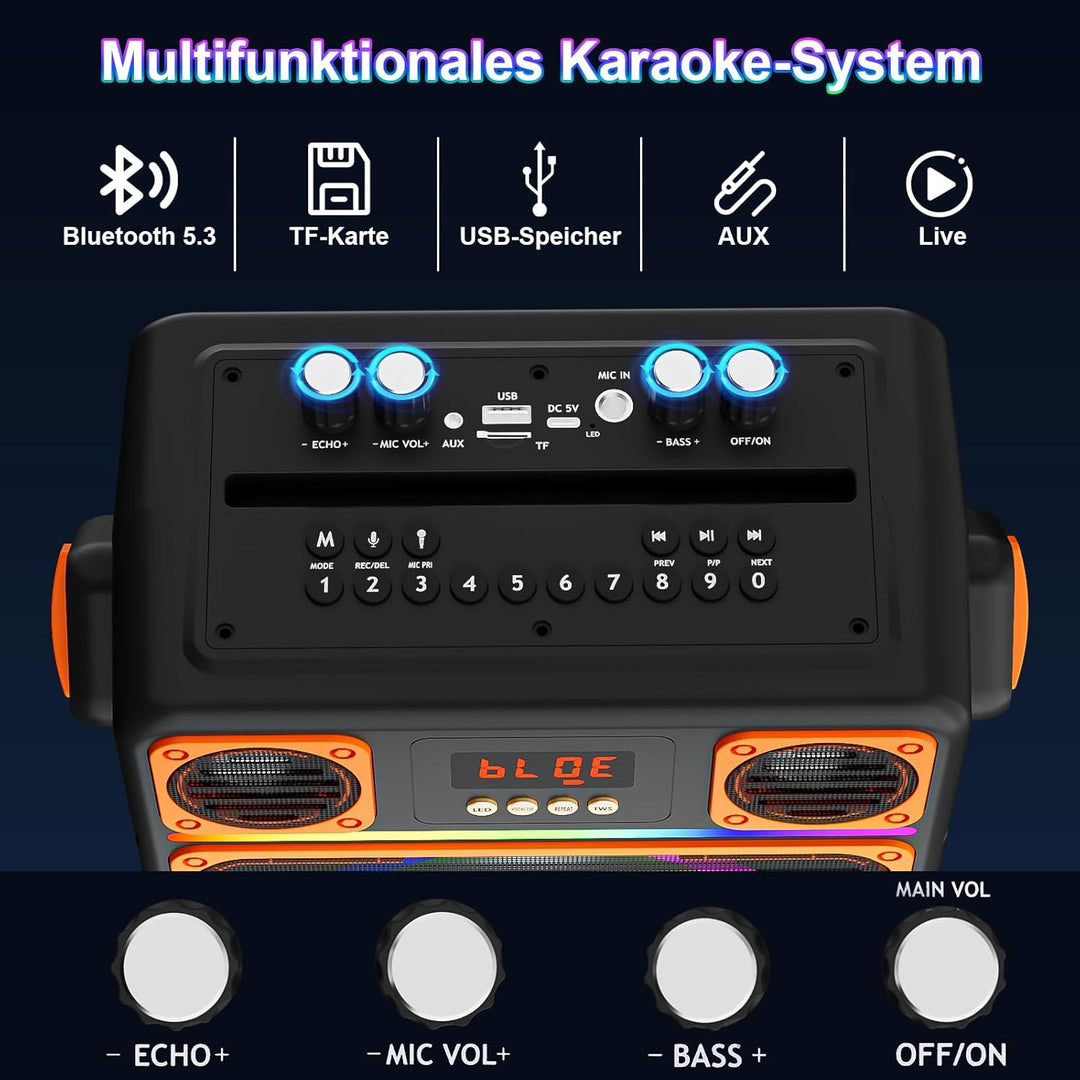 Karaoke Maschine mit 2 Mikrofone, GuKKK Tragbaren Bluetooth Lautsprecher Box und DJ-Lichtern für Erw