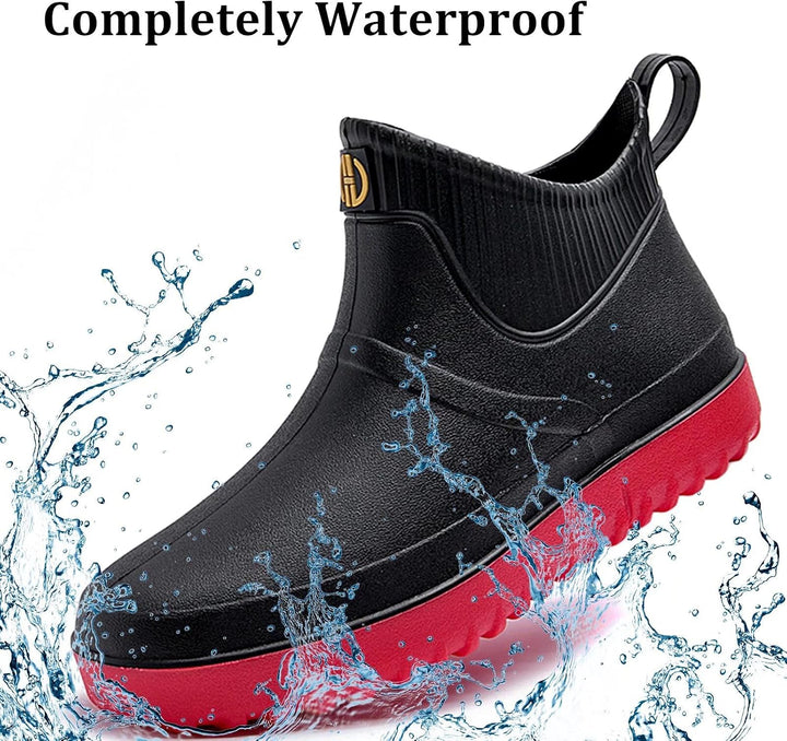 Herren Gummistiefel Kurz Wasserdicht rutschfest Stadt Regenstiefel 44 EU Schwarz Rot A1, 44 EU Schwa