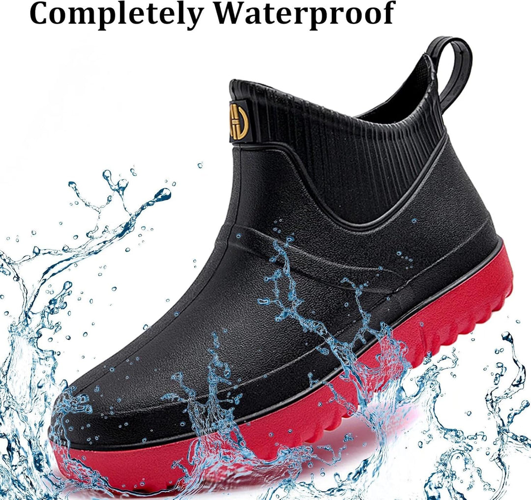 Herren Gummistiefel Kurz Wasserdicht rutschfest Stadt Regenstiefel 40 EU Schwarz Rot A1, 40 EU Schwa