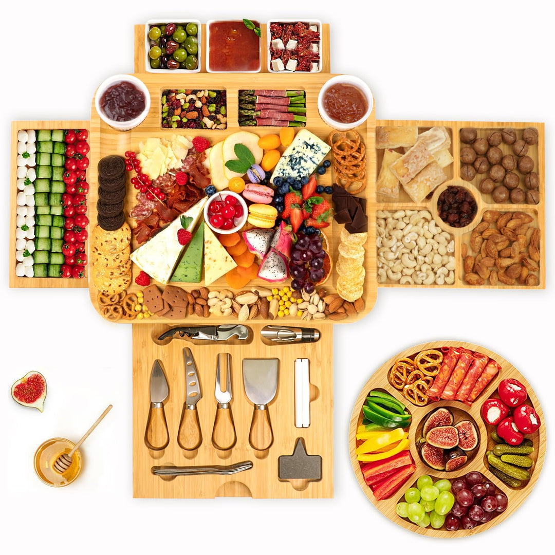 Bambus-Käsebrett, Käsebrett mit Käsemesser-Set, Charcuterie Board,Käsebretter, Servierbrett, für Wei