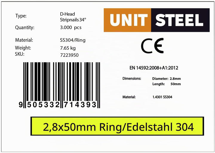 34° Halbkopf-Streifennägel - 2,8X50mm, 3.000 stück, Nägel für Druckluft-Nagler, D-Kopf, Ring/Rostfre
