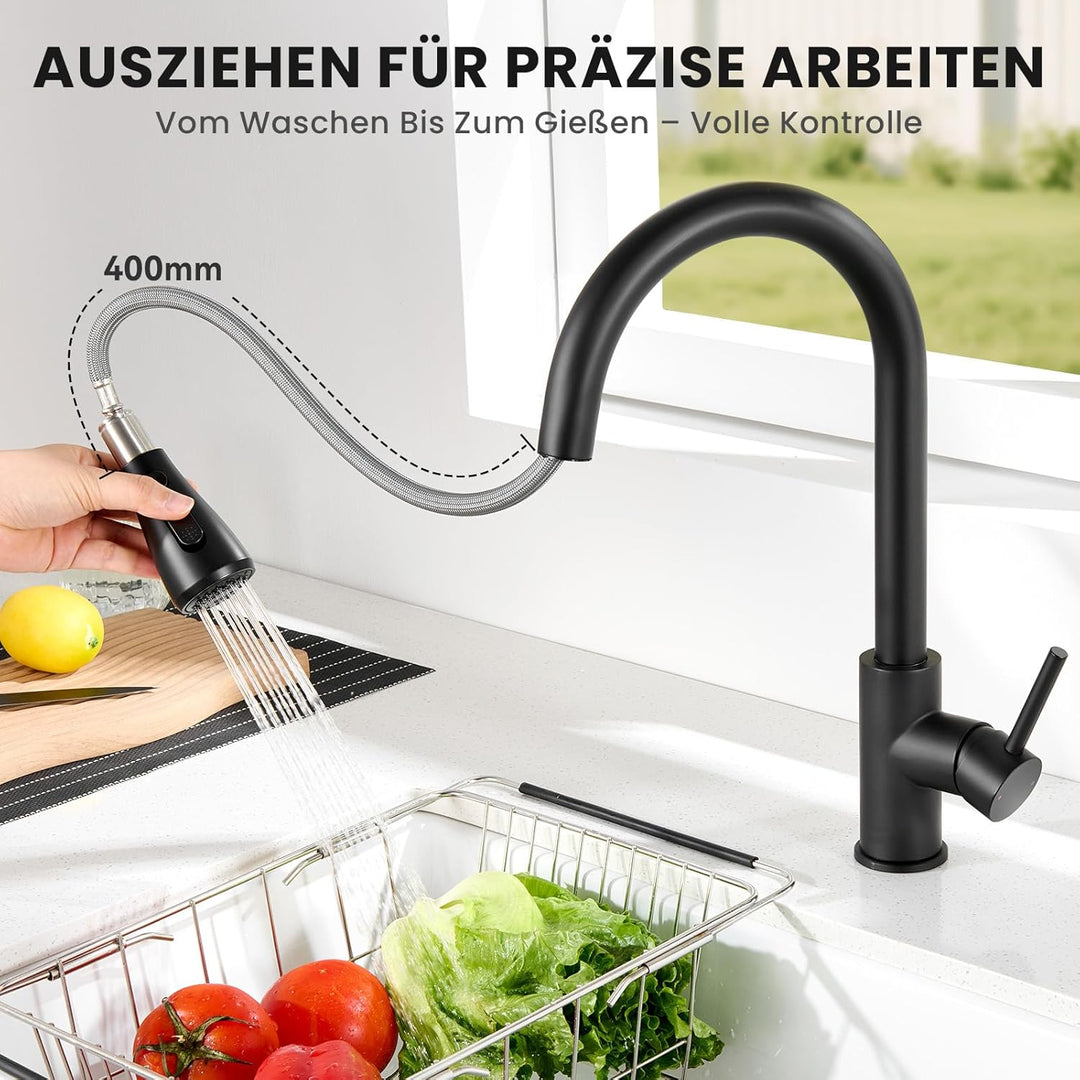 Wasserhahn küche mit Ausziehbar Hochdruck fur Spüle - Küchenarmatur Schwarz mit Brause - Edelstahl A