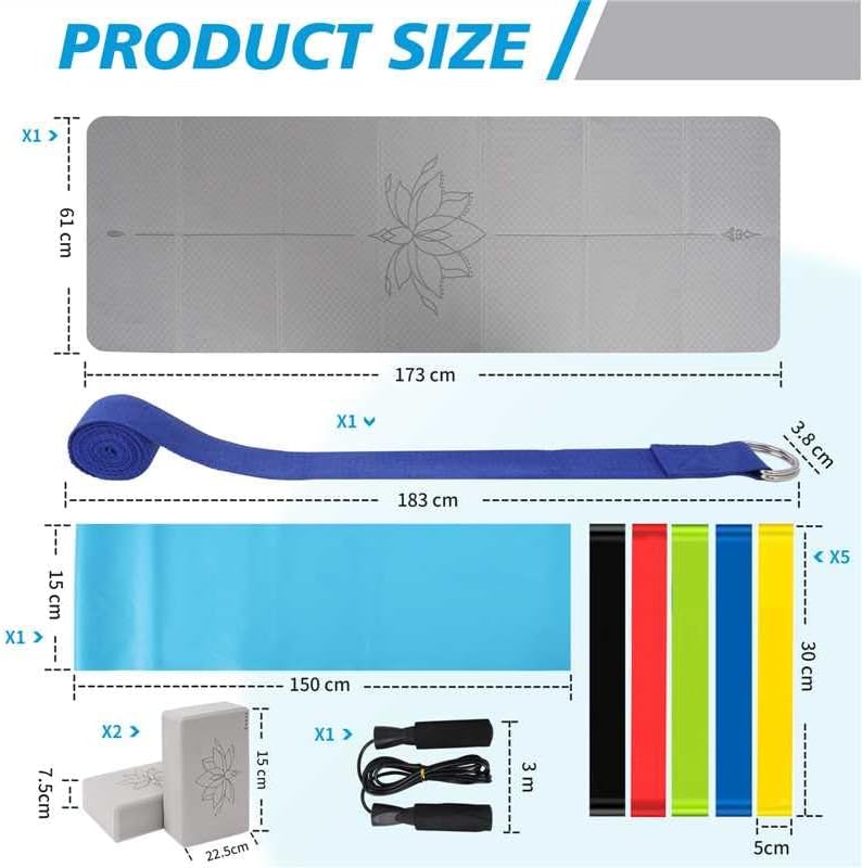Yoga Matte Strater Set Blöcke Gürtel Springseil Widerstand Band Widerstand Schleife 7-in-1 TPE Grau