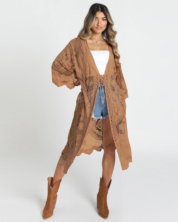 Bsubseach Badeanzug Cover Up für Frauen Lace Sheer Floral Kimono Cardigans Mesh Long Strand Dress E-
