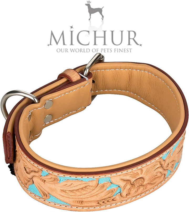 MICHUR Mariano Hundehalsband Leder, Lederhalsband Hund, Halsband, Beige Blau Braun, Leder, mit gesta