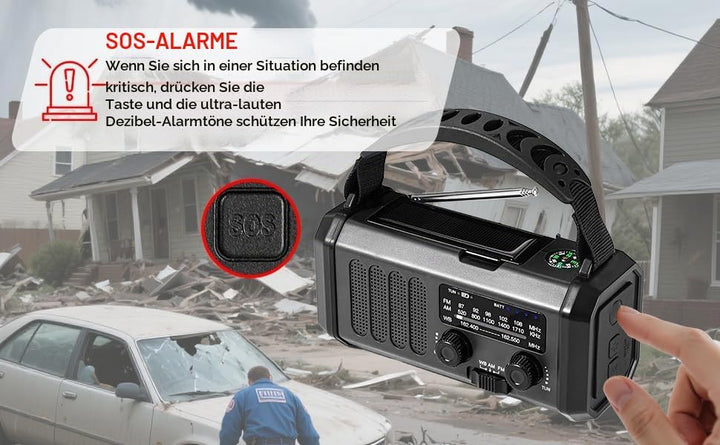 Tragbares Notfallradio 20000 mAh, SOS-Alarm, FM/AM-Radio mit Leselampe, Kompass, Kurbelgenerator und