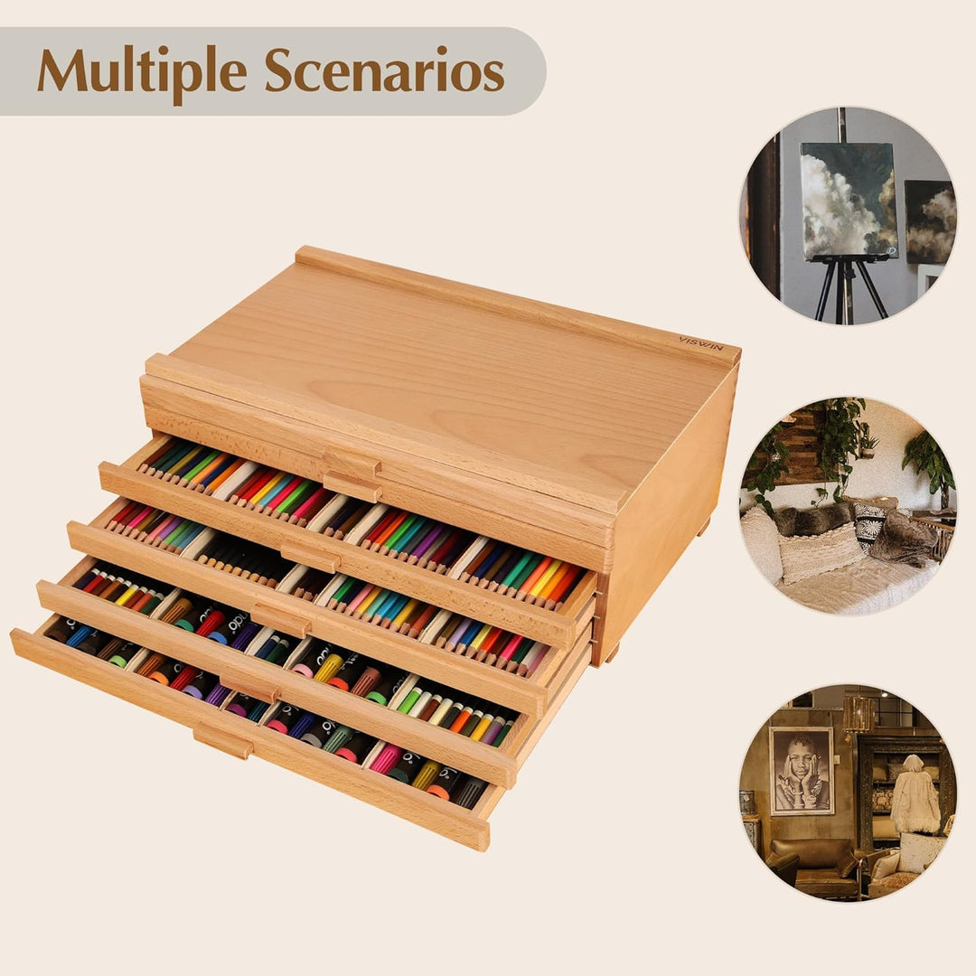VISWIN 6-Schublade Holz Künstler Supply Storage Box mit abnehmbaren Trennwänden, Premium Buche Holz