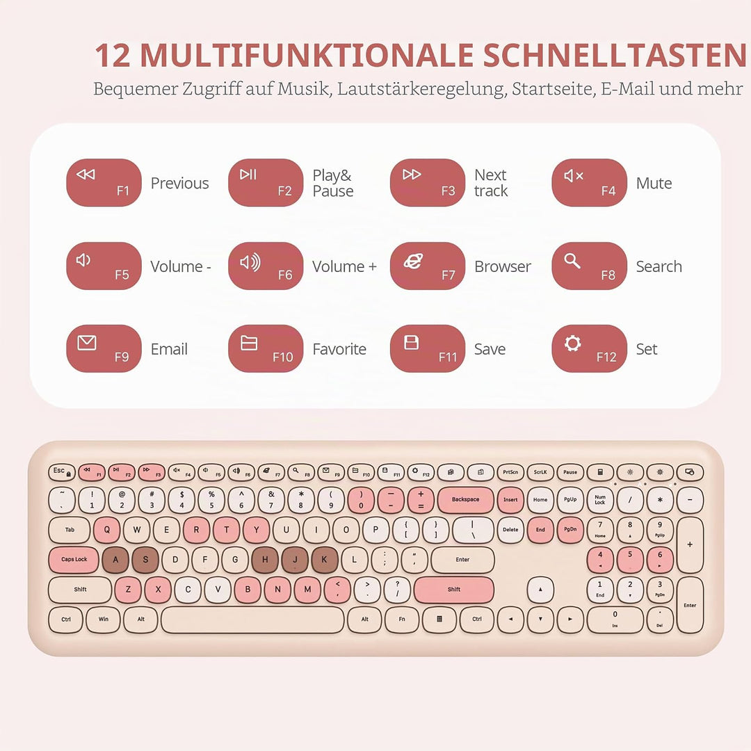SOLIDEE Buntes kabellose Tastatur und Maus-Kombination,2.4GHz Retro Schreibmaschine Tastatur,104 Tas