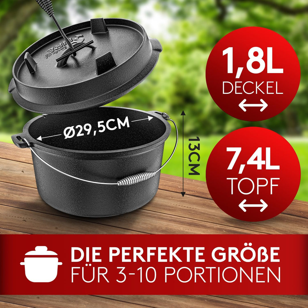 BBQ Dutch Oven [Das Original] - Dutch Oven Set 7 Liter – Eingebrannter Feuertopf aus Gusseisen Decke