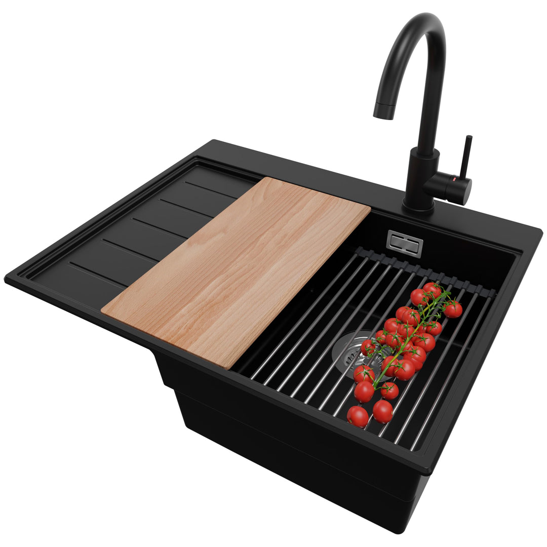 PRIMAGRAN Granitspüle Schwarz 62x50cm, Spülbecken 1 Becken + Küchenarmatur 32x20cm + Ablauf-Set, Küc