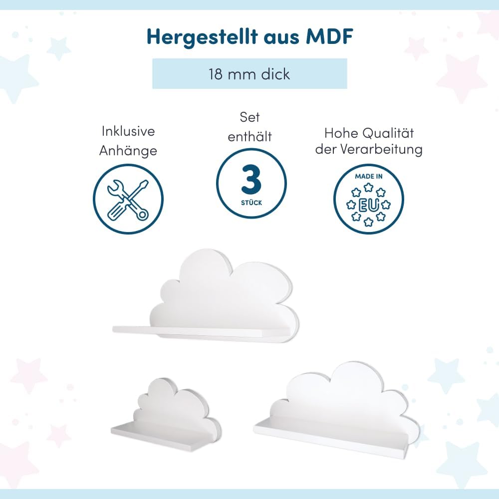 3er Set Wandregal Kinderzimmer Weiss | Babyzimmer Wolkenregal für Bücher, Spielzeug, Dekoration | Re