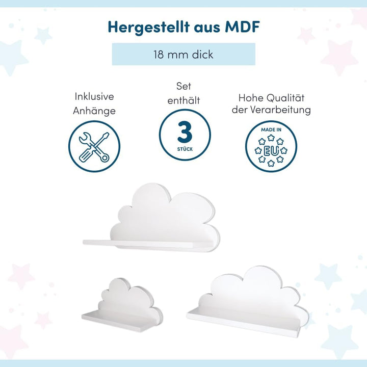 3er Set Wandregal Kinderzimmer Weiss | Babyzimmer Wolkenregal für Bücher, Spielzeug, Dekoration | Re