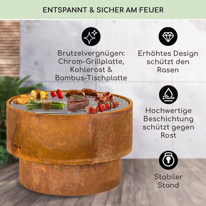Blumfeldt Feuerschale für den Garten, Feuerschale mit Grillrost & Bambusplatte für Feuerschale, Stah