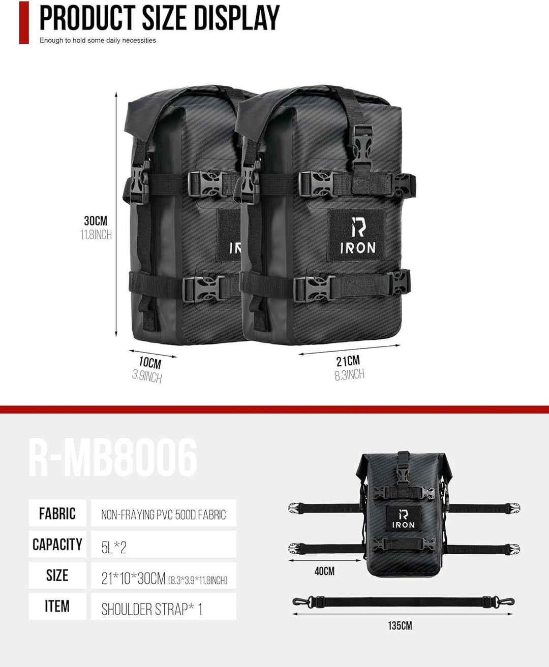 RIDEIRON Sturzbügeltaschen Motorrad – 2×5L wasserdichte Crash Bar Bags aus 500D PVC, robuste Univers