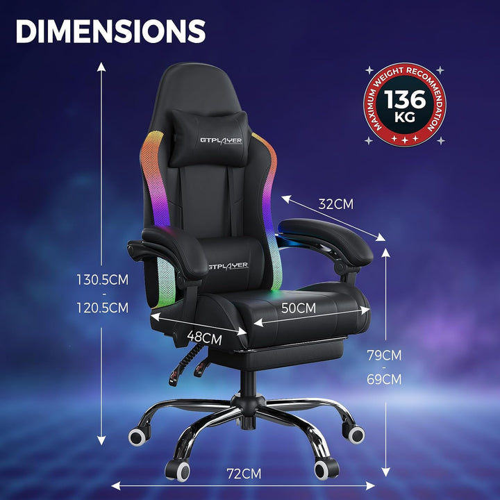 GTPLAYER Gaming Stuhl, Bürostuhl, Gaming Chair mit LED Lichtleiste und Massgefunktion, Gamer Stuhl,