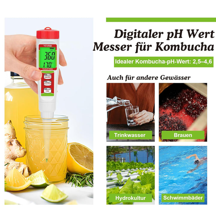 Digitales pH Messgerät, YINMIK pH Tester für Lebensmittel mit Kalibrierlösung, pH Wert für Fermentat