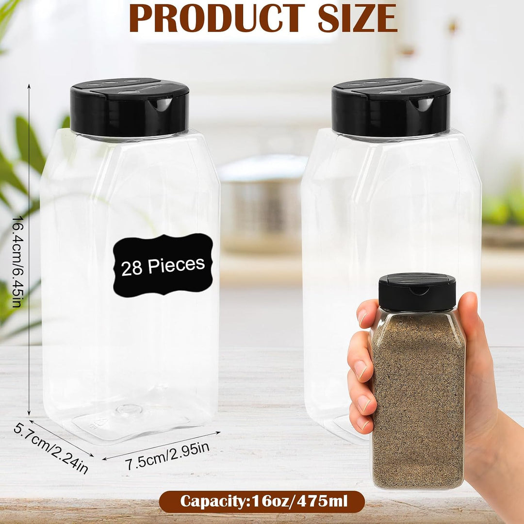 28 Stück Gewürzgläser Eckig Set mit Deckel Plastik Gewürzdosen 475ml | Leer Gewürzstreuer mit Etiket