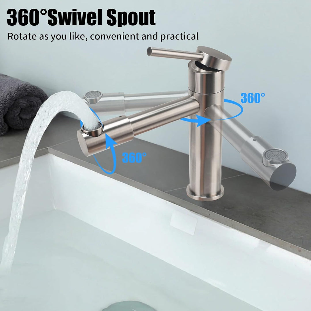 Wasserhahn Bad 360° Drehbar Waschtischarmatur Edelstahl Silber | Armatur Badezimmer mit Keramikkartu