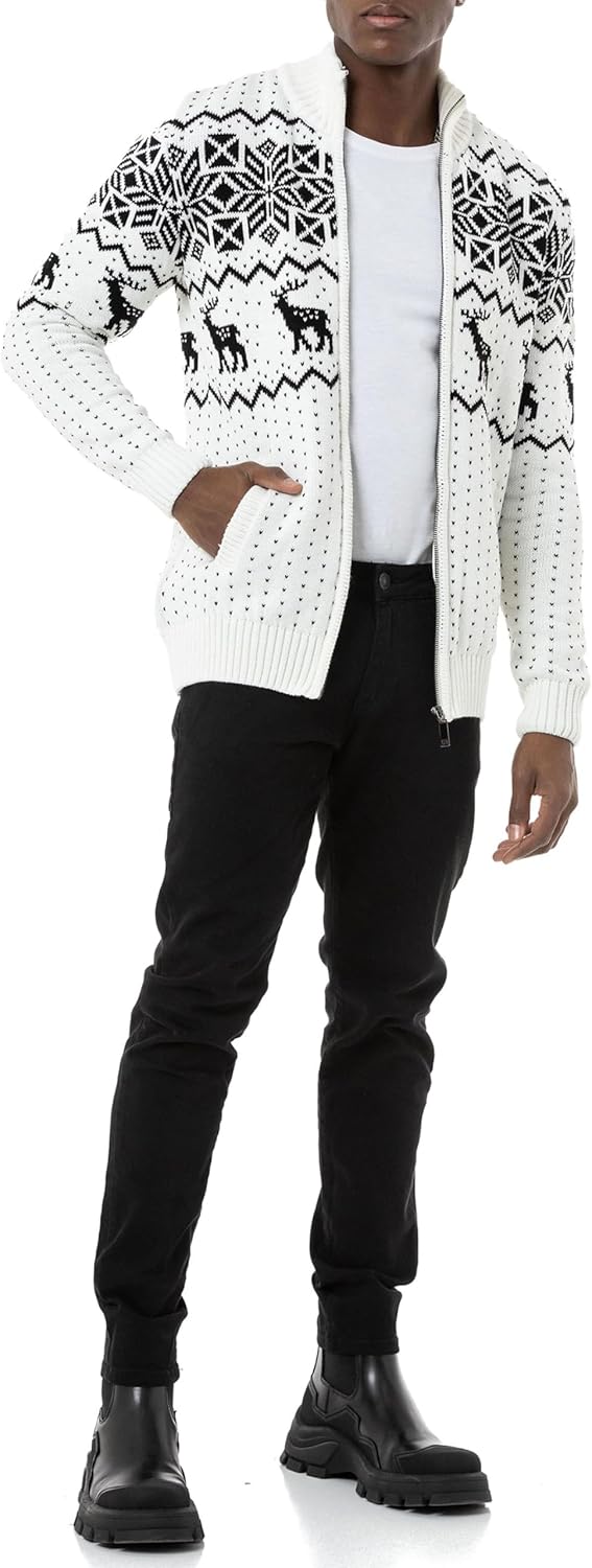 Redbridge Herren Strickjacke Norweger Strickpullover mit Reissverschluss S Weiss, S Weiß