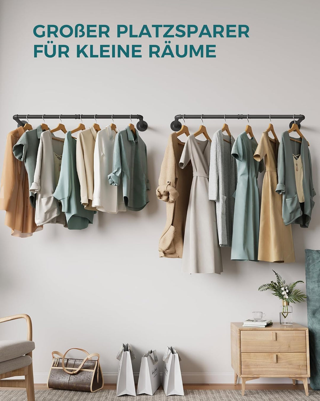 OROPY Industrieller Stil Rohr-Kleidergestell 2er Set, an der Wand befestigte abnehmbare Retro- Metal