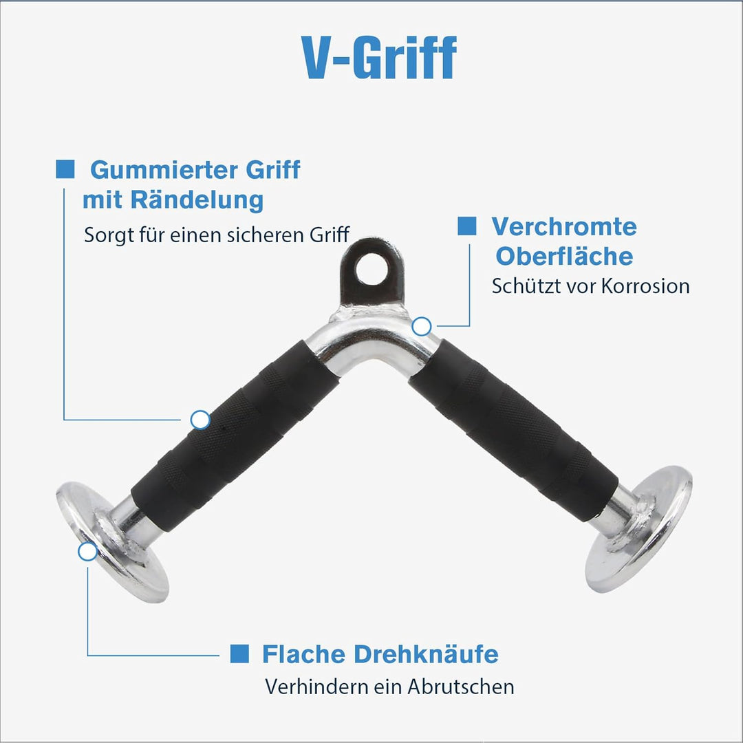 RitFit 4 TLG. Kabelmaschinen-Zubehör Set, LAT Pulldown Zubehör | inkl. V-Bar, Trizepsseil, Doppel-D-