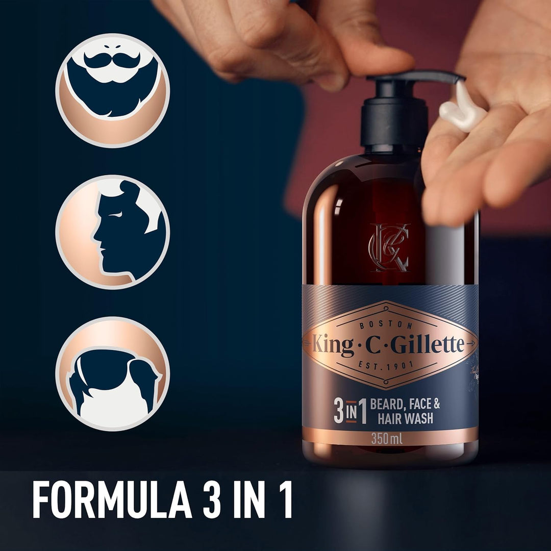 King C. Gillette Geschenkset mit Bart-, Gesichts- und Haarreiniger, 3 in 1, 350 ml und Bartcreme, 10