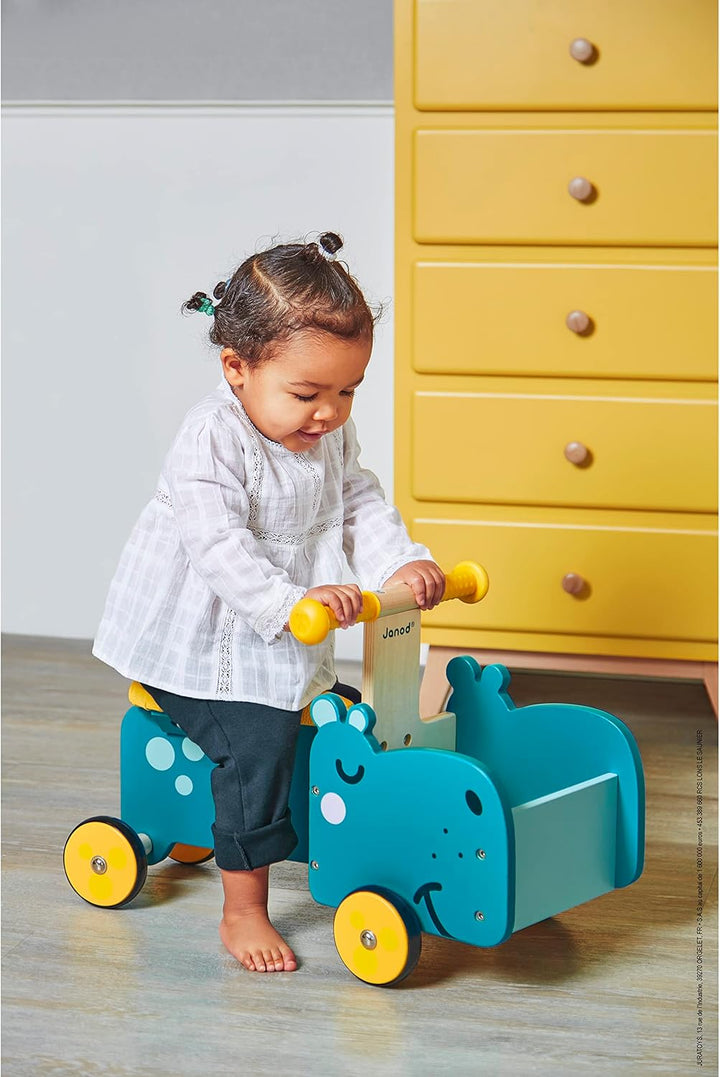 Janod - Hippopotamus Wooden Ride-On for Children - Ergonomic Handles and Silent Wheels - Storage Com