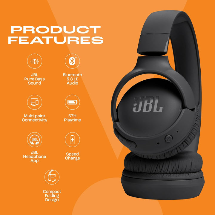JBL Tune 520BT Bluetooth Kopfhörer Kabellos Over-Ear – JBL Pure Bass Sound, 57 Stunden Akku, Schnell