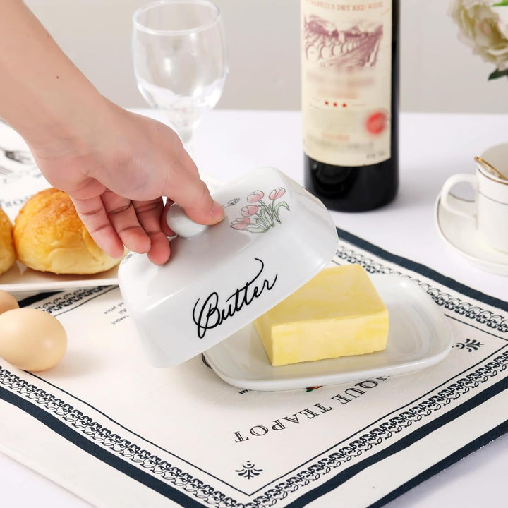 Butterdose mit Griff für 250g Butter, Hochwertige Keramik, Weiss mit Blumen Bienen Muster, Porzellan