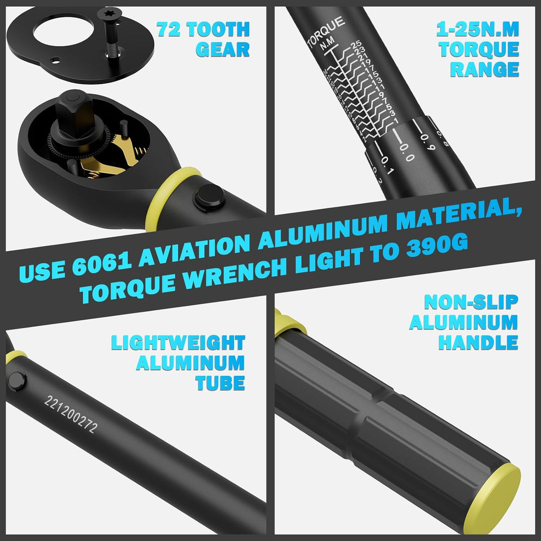 Drehmomentschlüssel 1/4", 1-25Nm Fahrrad &amp; Motorrad Drehmomentschlüssel 21-tlg. Set mit Adapter, Ver