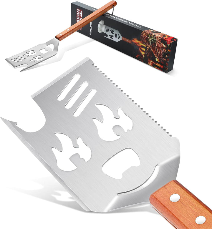 8 in 1 Grillspachtel für Barbecue, Grillbesteck mit Holzgriff, Multifunktionales Grill Zubehör, 40.5