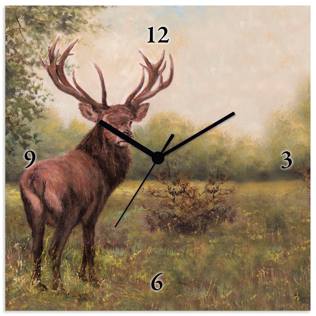 ARTLAND Wanduhr ohne Tickgeräusche Alu Funkuhr 30x30 cm Quadratisch Lautlos Hirsch Tiere Wald Rustik