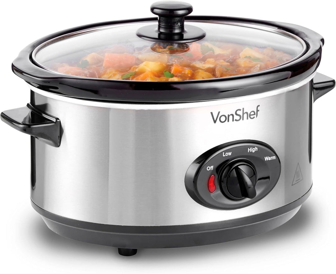 VonShef Schongarer Slow Cooker 3,5L mit Glasdeckel – Edelstahl