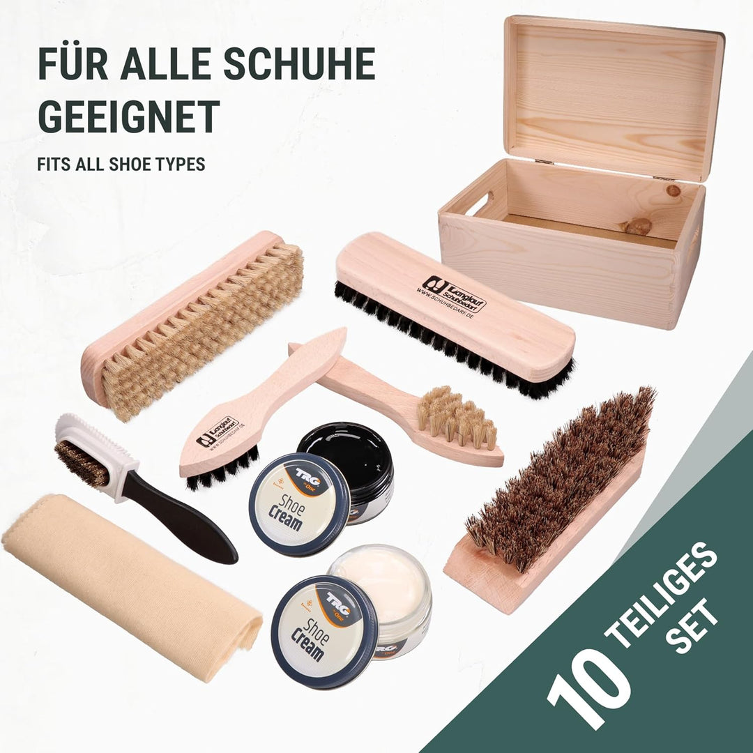 Langlauf Schuhbedarf Schuhputzset 9tlg Schuhputzkasten Verona I Schuhbürsten Set mit Box I Schuhcrem