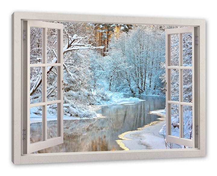 Pixxprint Atemberaubende Winterlandschaft, Fenster Leinwandbild | Grösse: 100x70 cm | Wandbild | Kun
