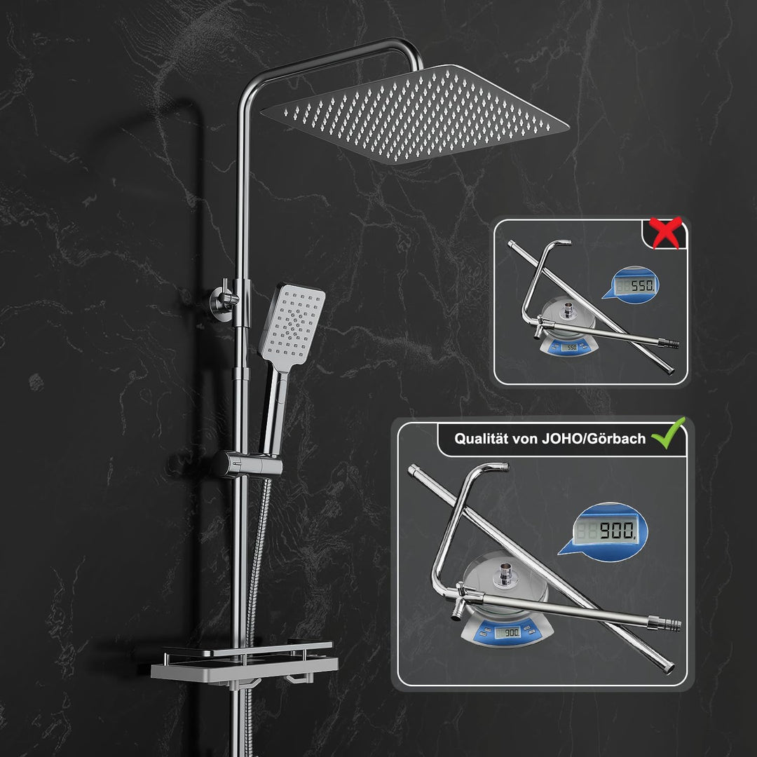 JOHO Edelstahl Regendusche Duschsystem Duschset Duschstange mit Ablage Chrom(Kopfbrause 25x25cm) 252