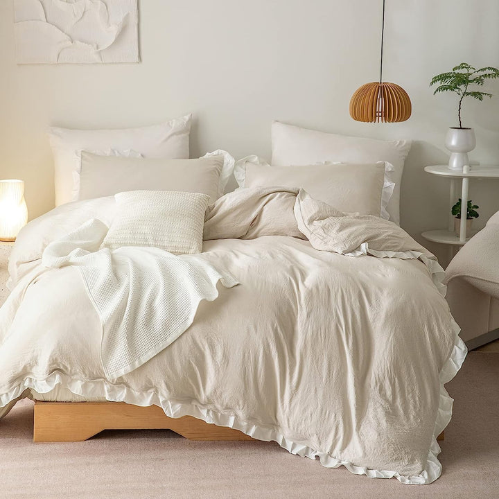 Lanqinglv Bettwäsche 200x200cm Beige Weiss mit Rüschen,aus 100% Weiche Microfaser Doppelbett - Wende