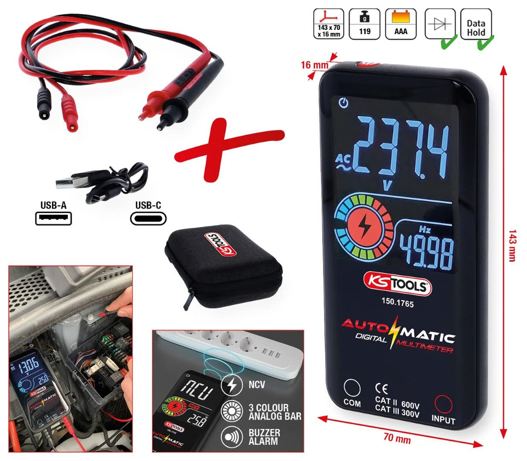 KS Tools 150.1765 Automatik Digital-Multimeter inkl. Prüfspitzen, Rot-schwarz
