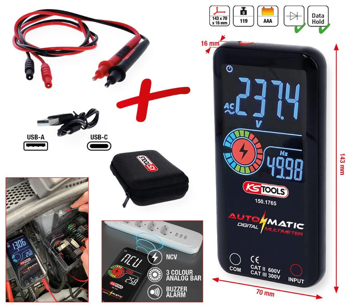 KS Tools 150.1765 Automatik Digital-Multimeter inkl. Prüfspitzen, Rot-schwarz