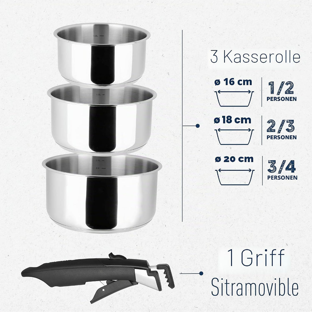 Sitram 713511 Sitram 713511 Kochtopf, 3 Töpfe, 16 + 18 + 20 cm, abnehmbarer Griff, auch Induktionshe