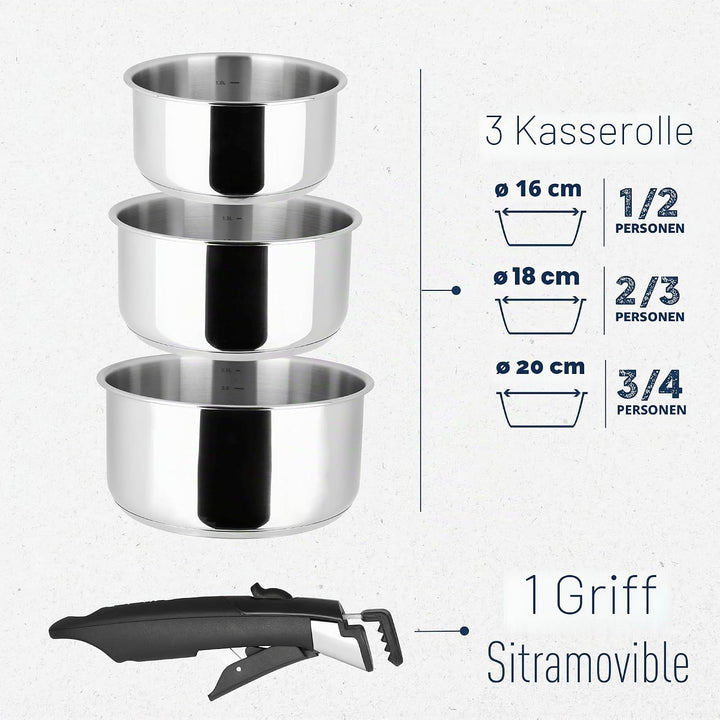 Sitram 713511 Sitram 713511 Kochtopf, 3 Töpfe, 16 + 18 + 20 cm, abnehmbarer Griff, auch Induktionshe