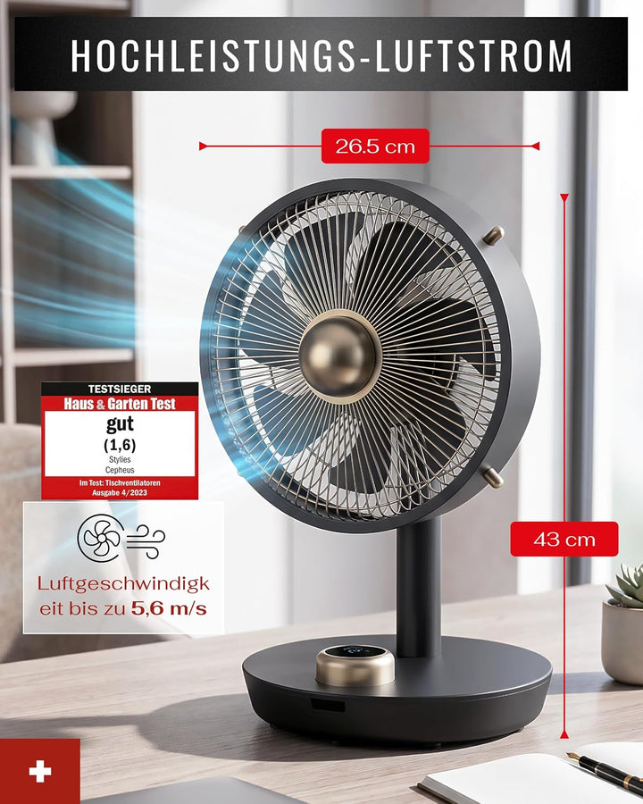 Premium Tischventilator, Ventilator leise aus Metall mit 12 Stufen, Digital-Display, 90° Oszillation