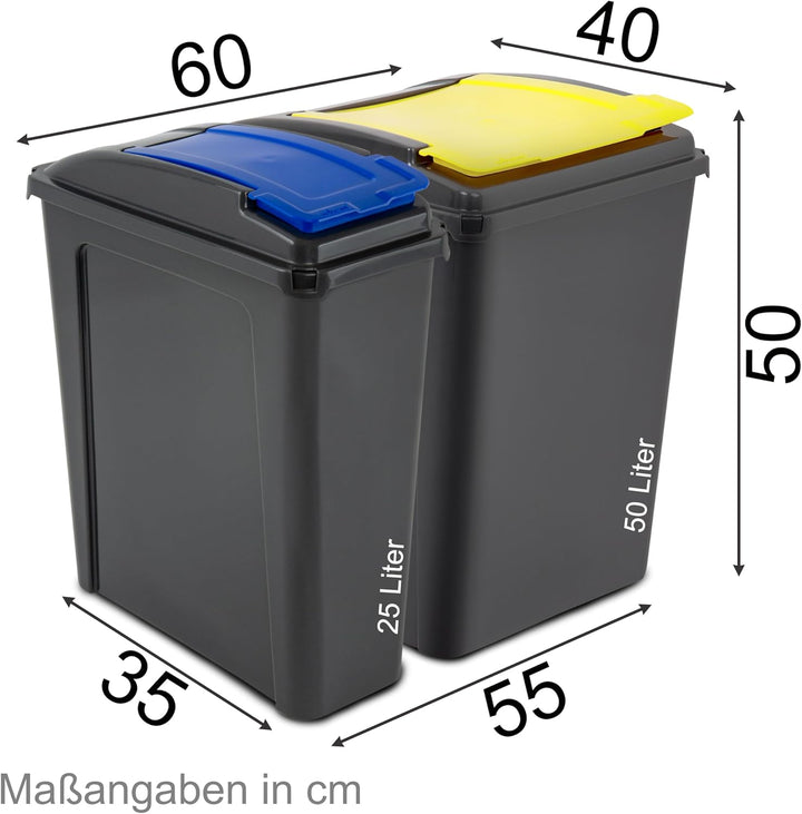 1x 50 Liter + 2x 25 Liter Mülltonne Schwarz-Gelb-Blau-Grün, Mülleimer Küche, Mülleimer 3 Fächer, Mül