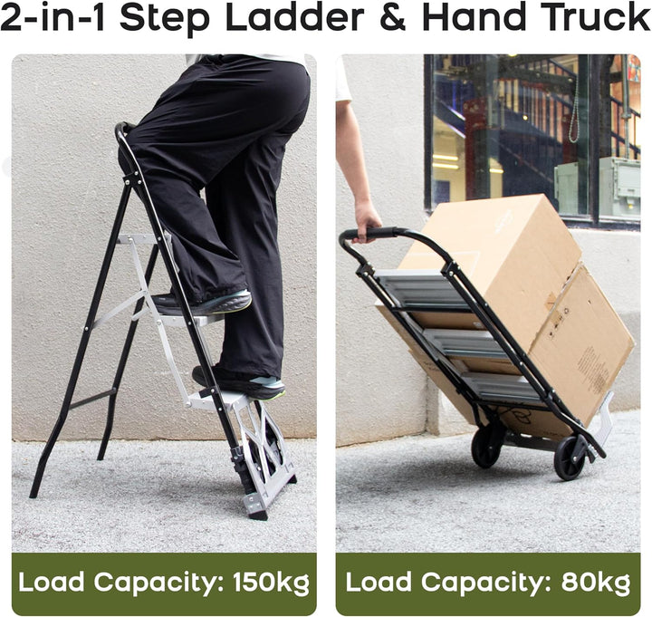 2-in-1 Klappbarer Sackkarren & 3-stufige Leiter, 3-stufige Klappbare Stahlleiter, Umwandlungsfähiger