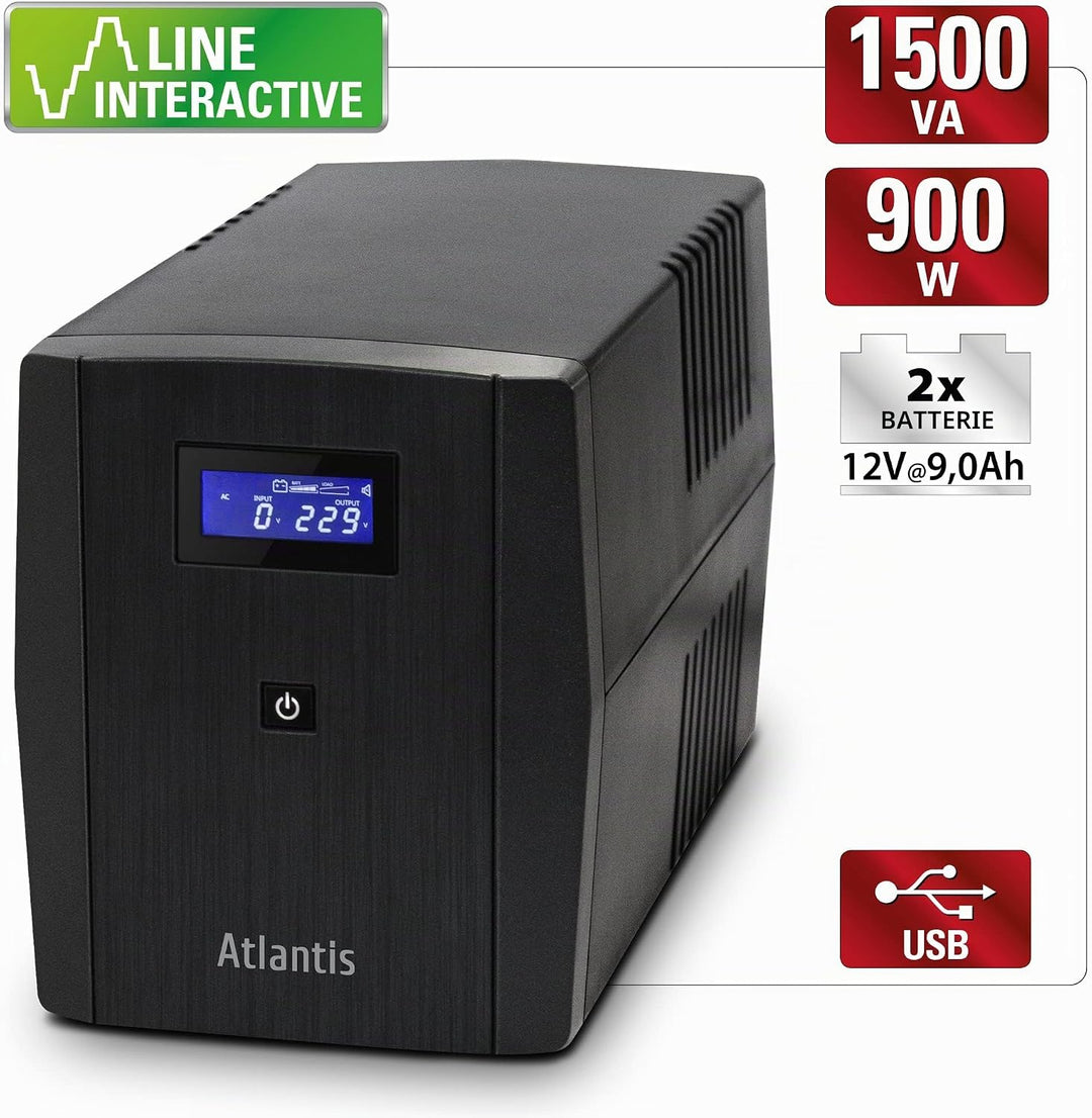 Atlantis-S1501 stepwave Line Interactive USV, 1500 VA, 900 W, Technology, v-Out 200 – 243 Vac, USB,