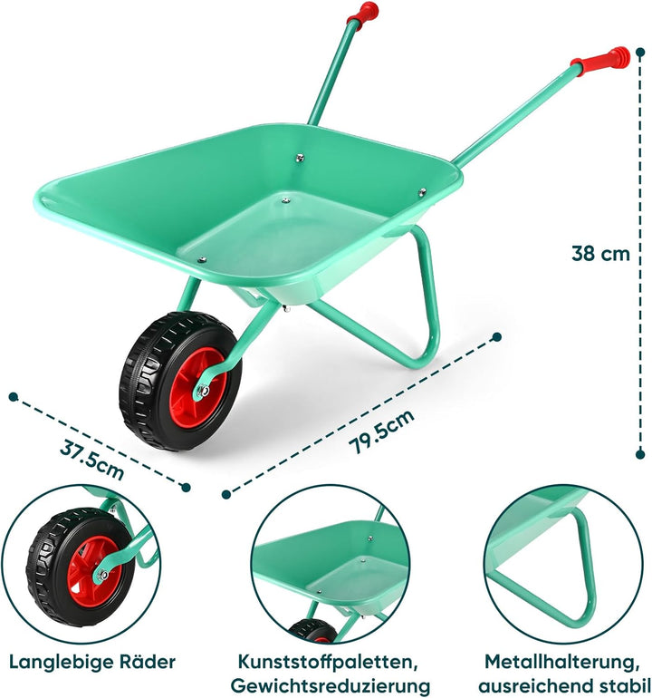 GOLDGE Schubkarre Kinder, 10 Stück Kinder Gartengeräte Set mit 5pcs Gartenwerkzeug Schaufel Set, Wer