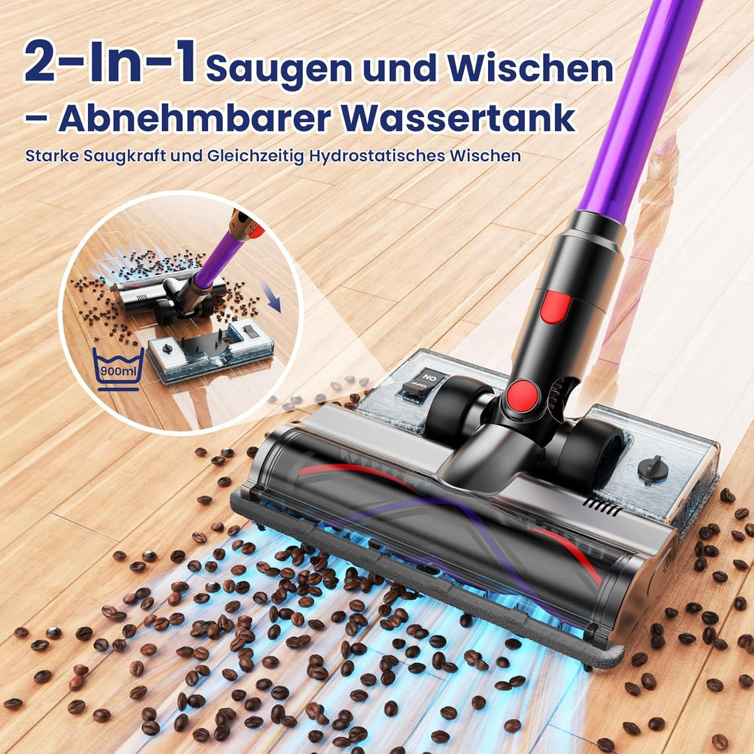 A12 Akku Staubsauger mit Wassertank, 50Kpa/600W/70Min/8-in-1, Kabelloser Staubsauger mit LED Touchsc